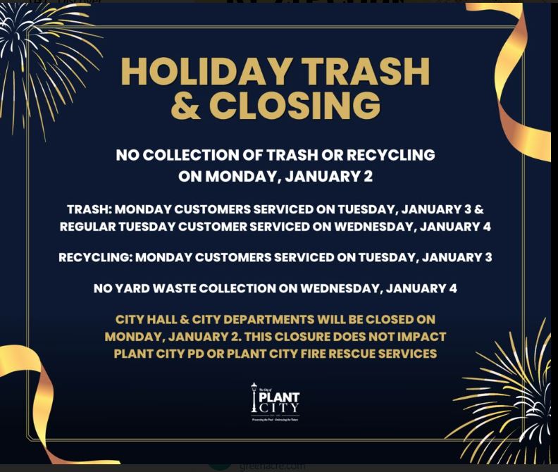 City of Plant City Holiday Trash & Closing Schedule
